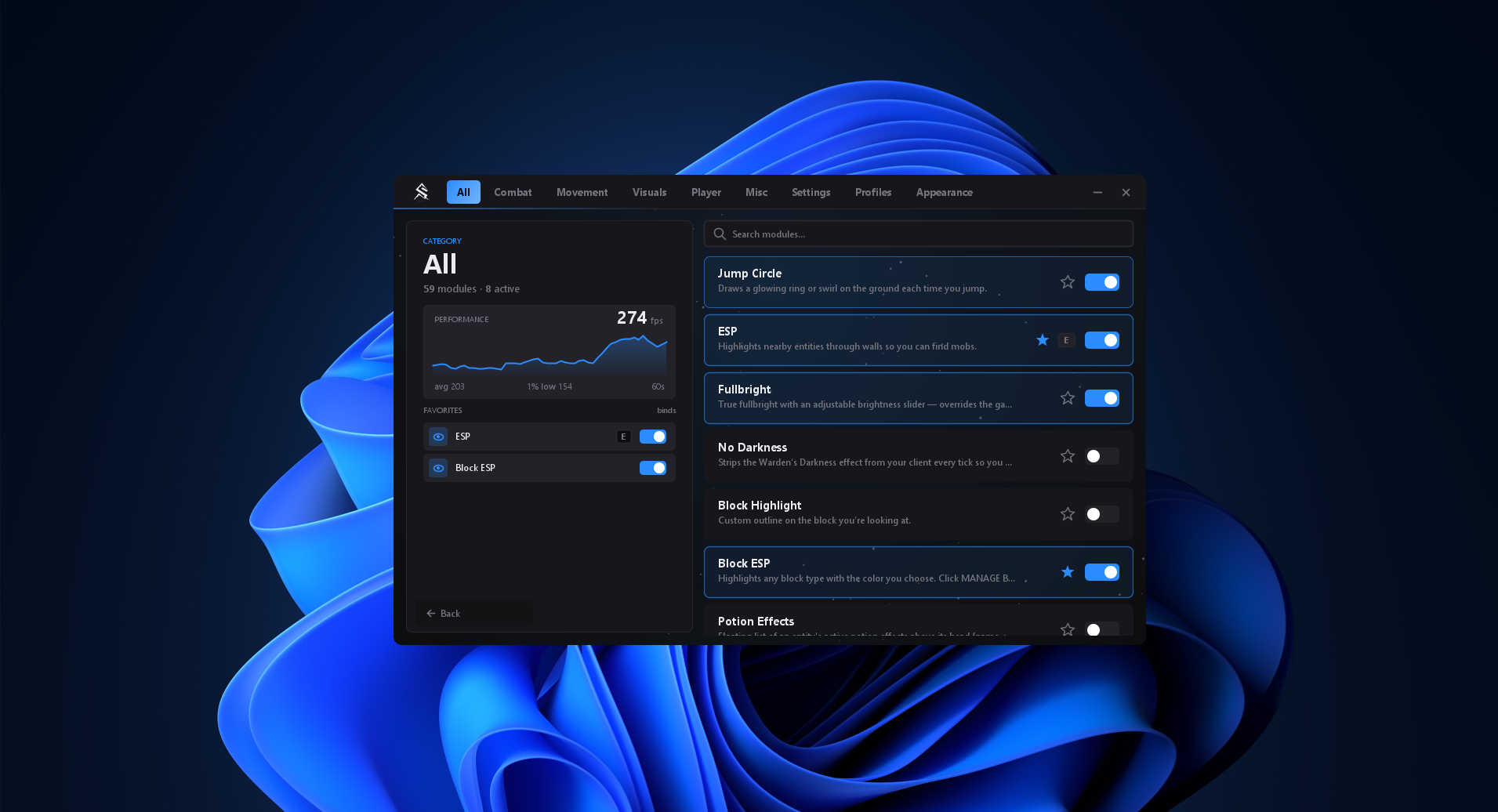 The Summit Client desktop GUI running on Windows — module list, performance graph and favorites