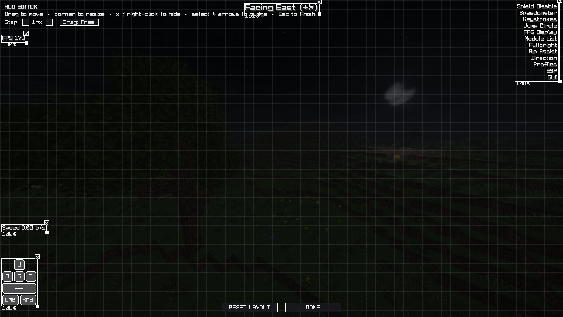 The Summit Client HUD editor: draggable FPS, speed and keystroke elements on a grid, with snap step controls