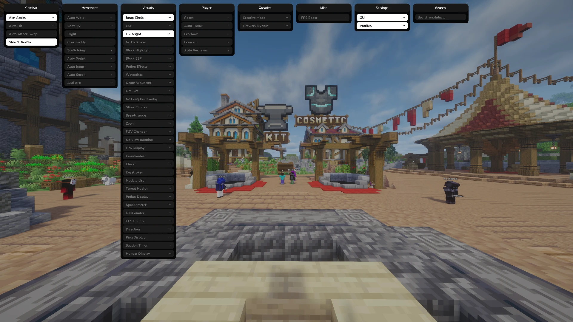 The Summit Client click GUI open over a Minecraft SMP spawn, category panels floating over the world